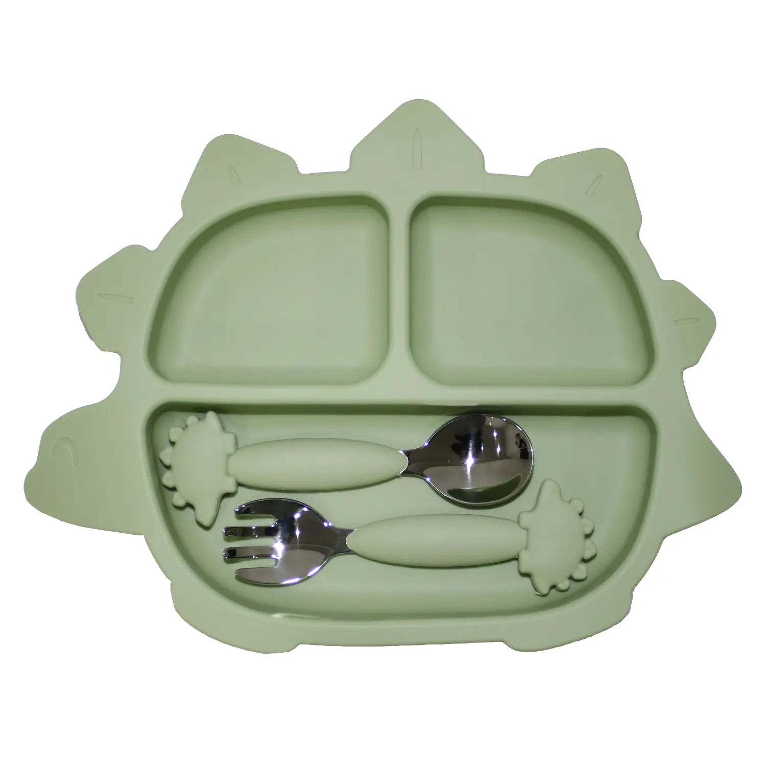 Green Dino Plate Set with spoon and fork