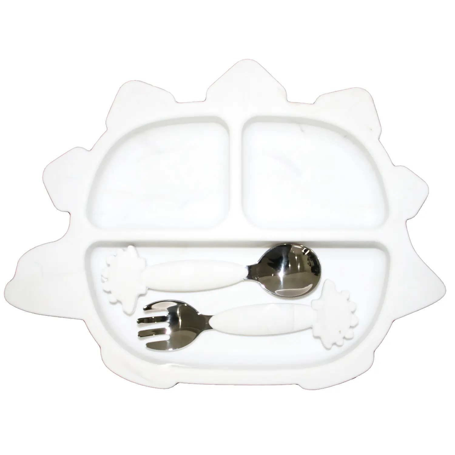 White Dino Plate Set with spoon and fork
